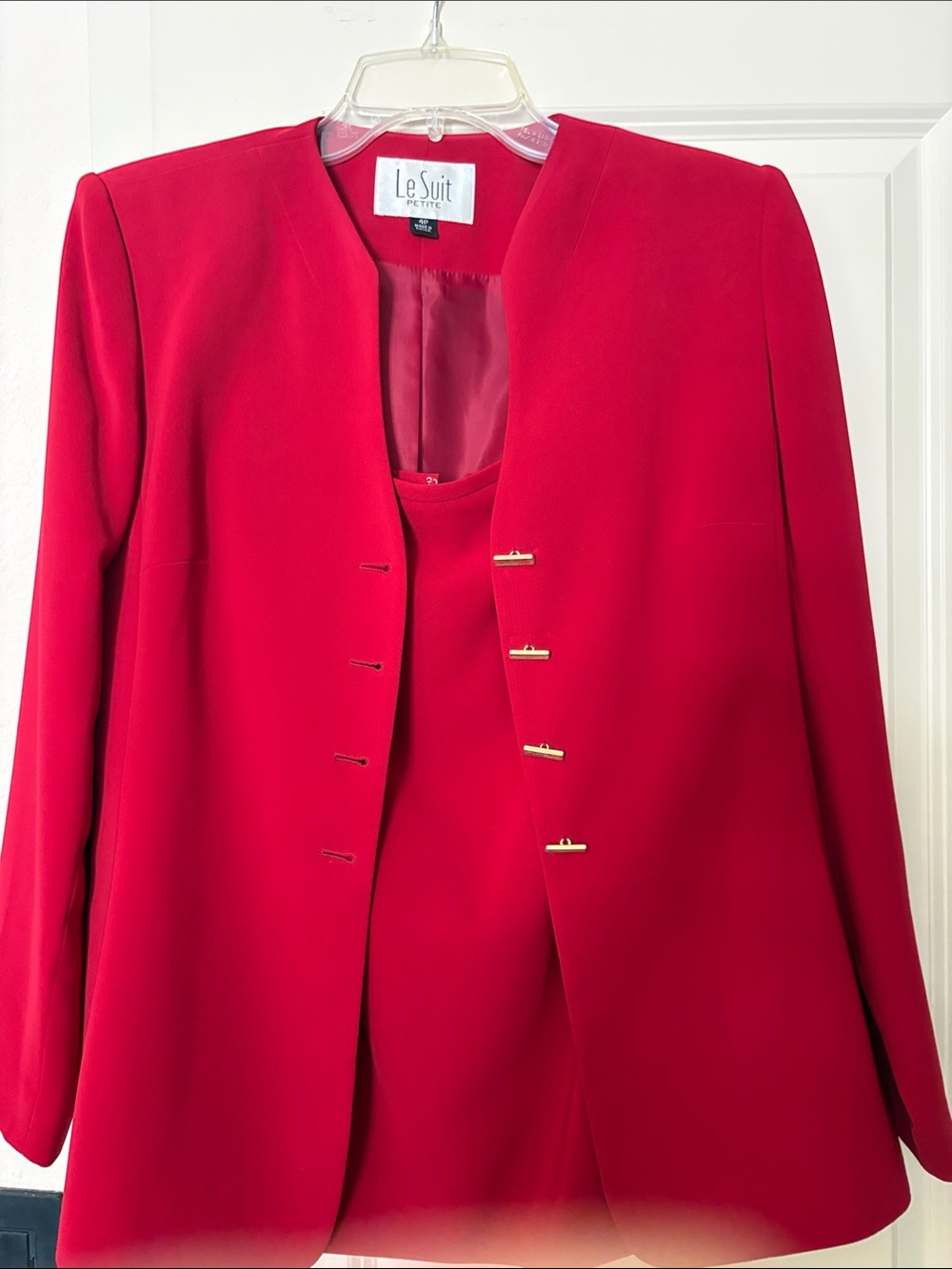 Le Suit Red Petite Open-Front Blazer with Gold Accents
